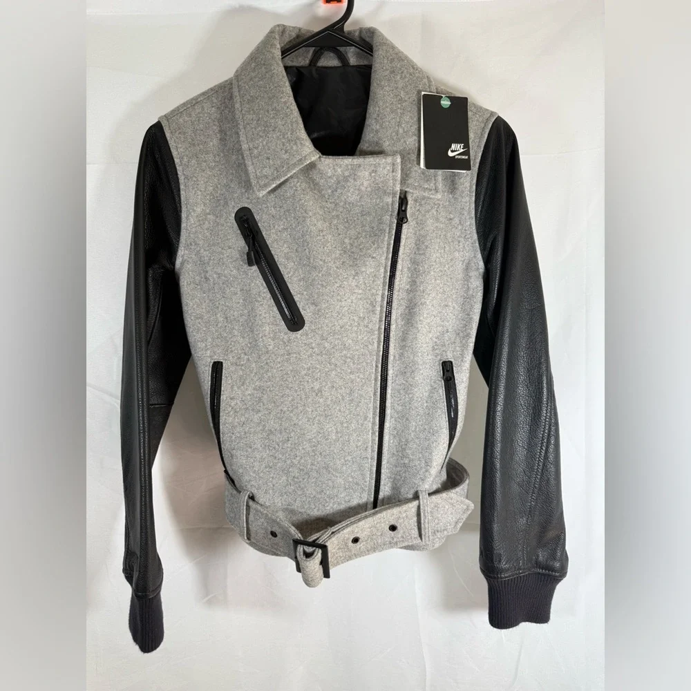 NWT Nike NSW Womens Size XS Gray Wool Destroyer Jacket Moto Bomber Leather
